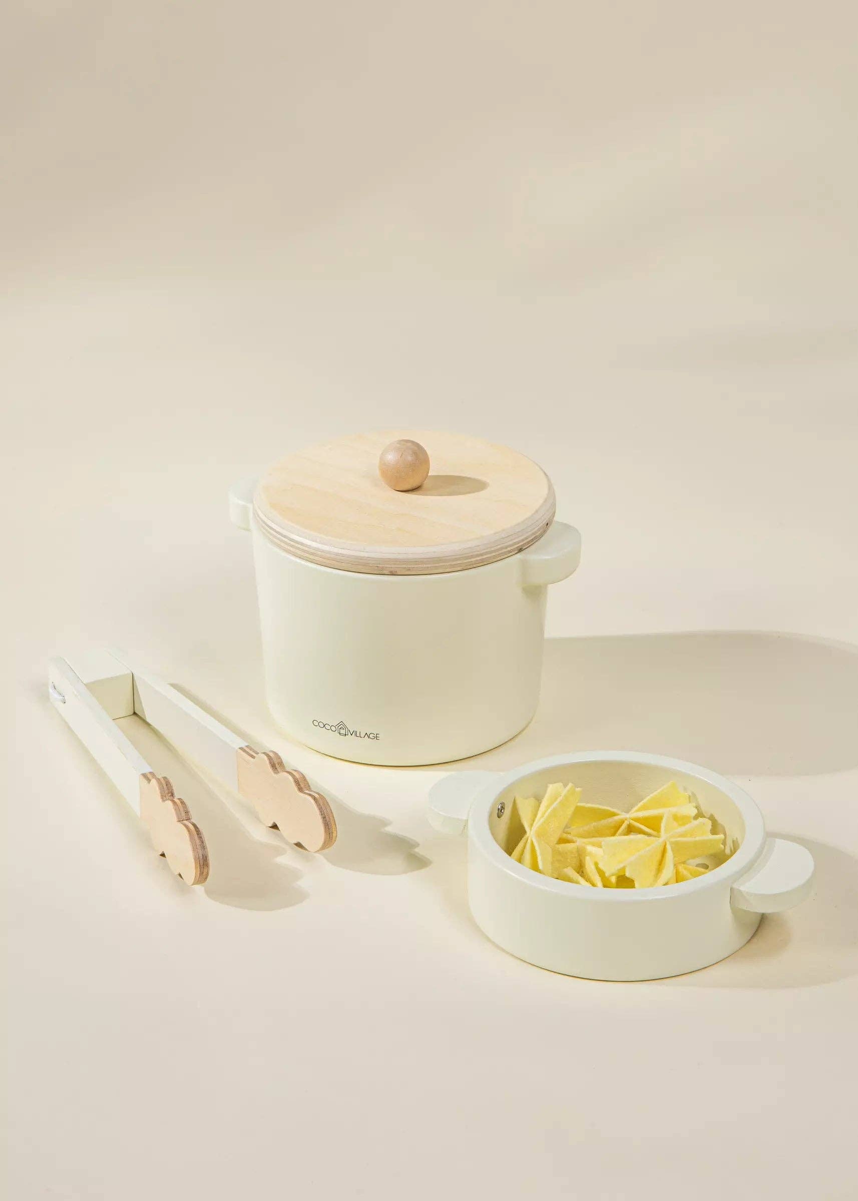 Wooden Pasta Playset | Complete kitchen roll set with pan, colander, and felt pasta