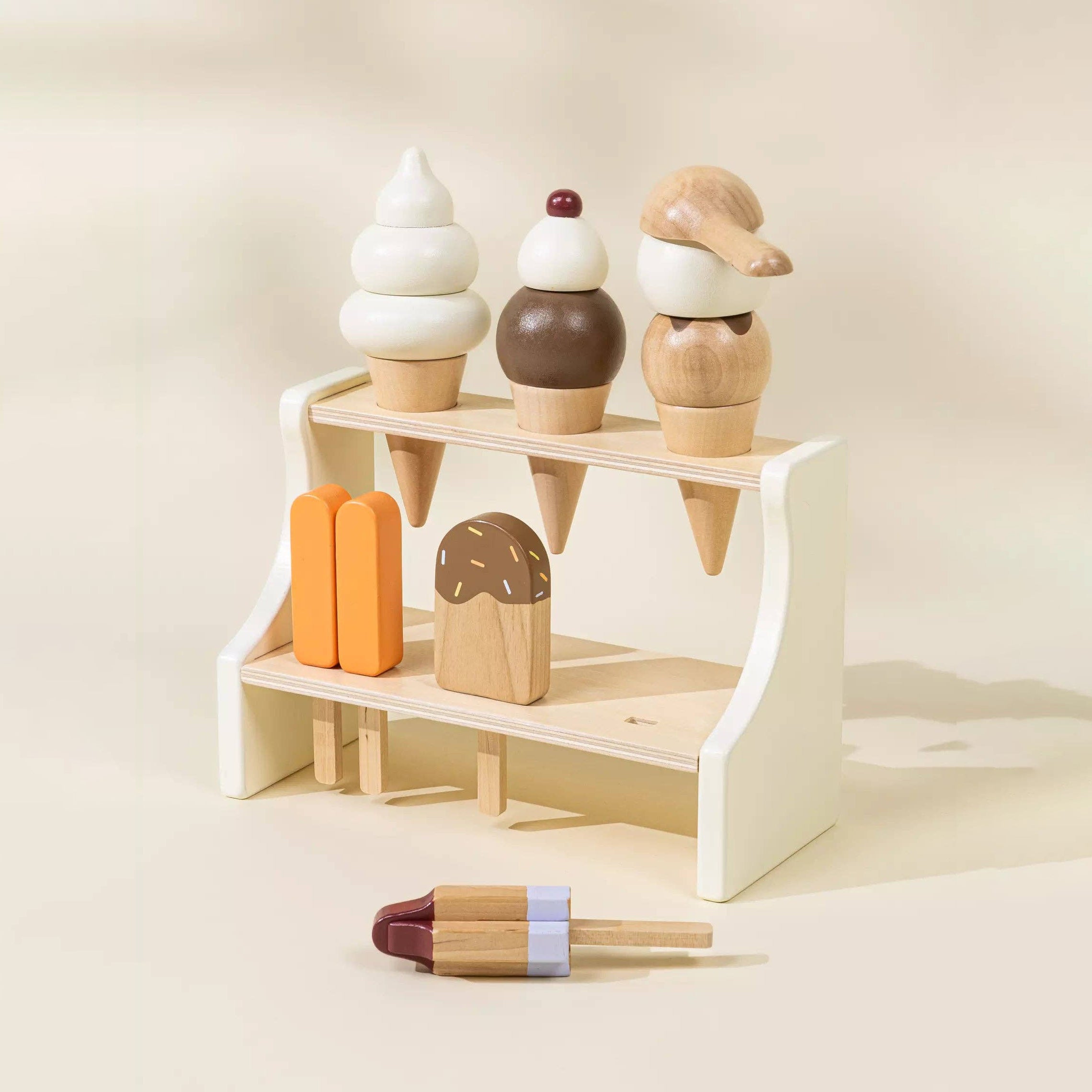 Houten IJskraam Speelset | Ijshoorntjes en ijslolly’s met standaard en lepel