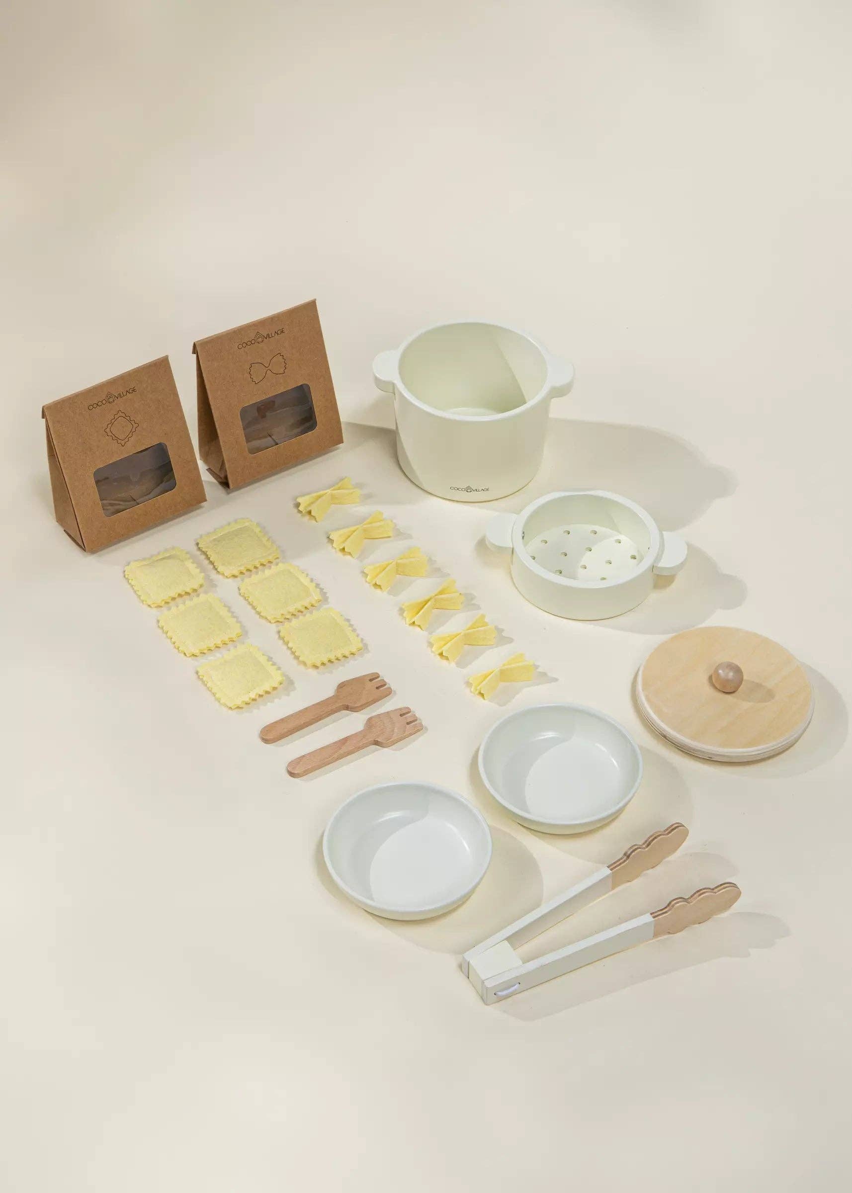 Wooden Pasta Playset | Complete kitchen roll set with pan, colander, and felt pasta