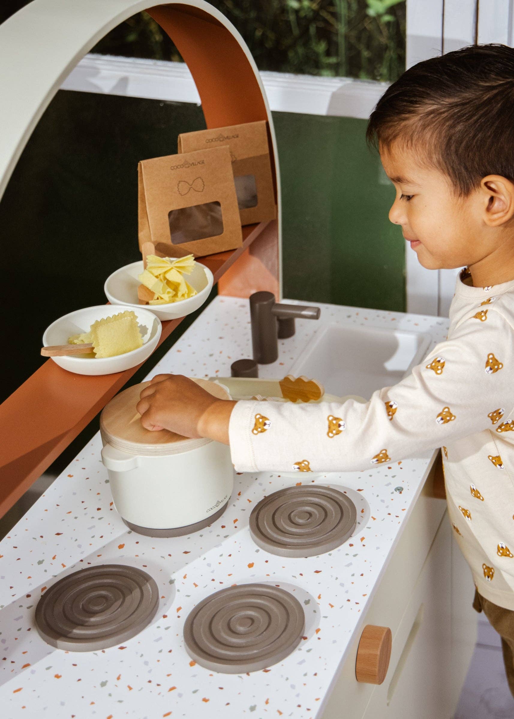 Houten Pasta Speelset | Complete keukenrolset met pan, vergiet en vilten pasta