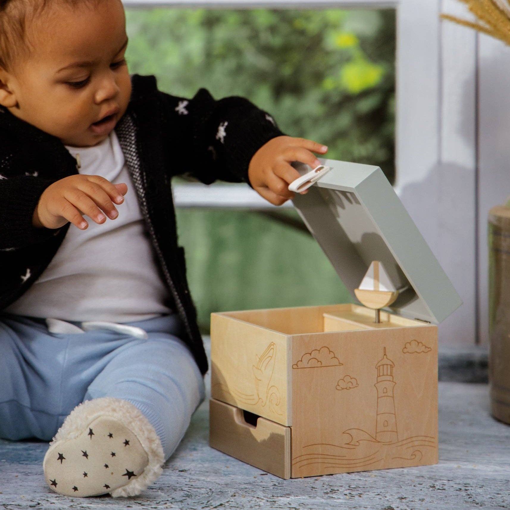 Houten Muziekdoos Ocean | Met zeilbootje en maritieme melodie