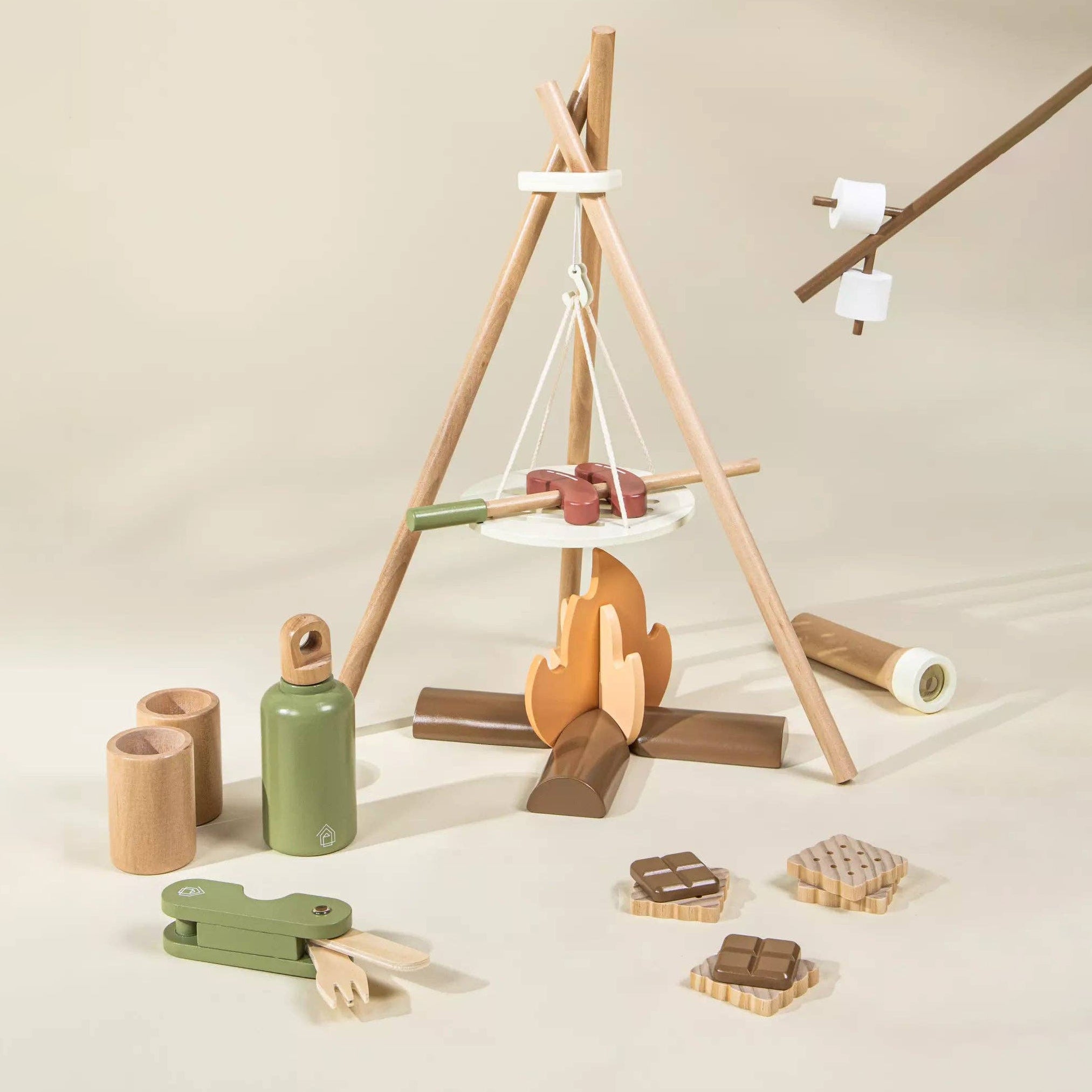 Houten Camping Speelset | Met kampvuur, marshmallows en kampeerbenodigdheden