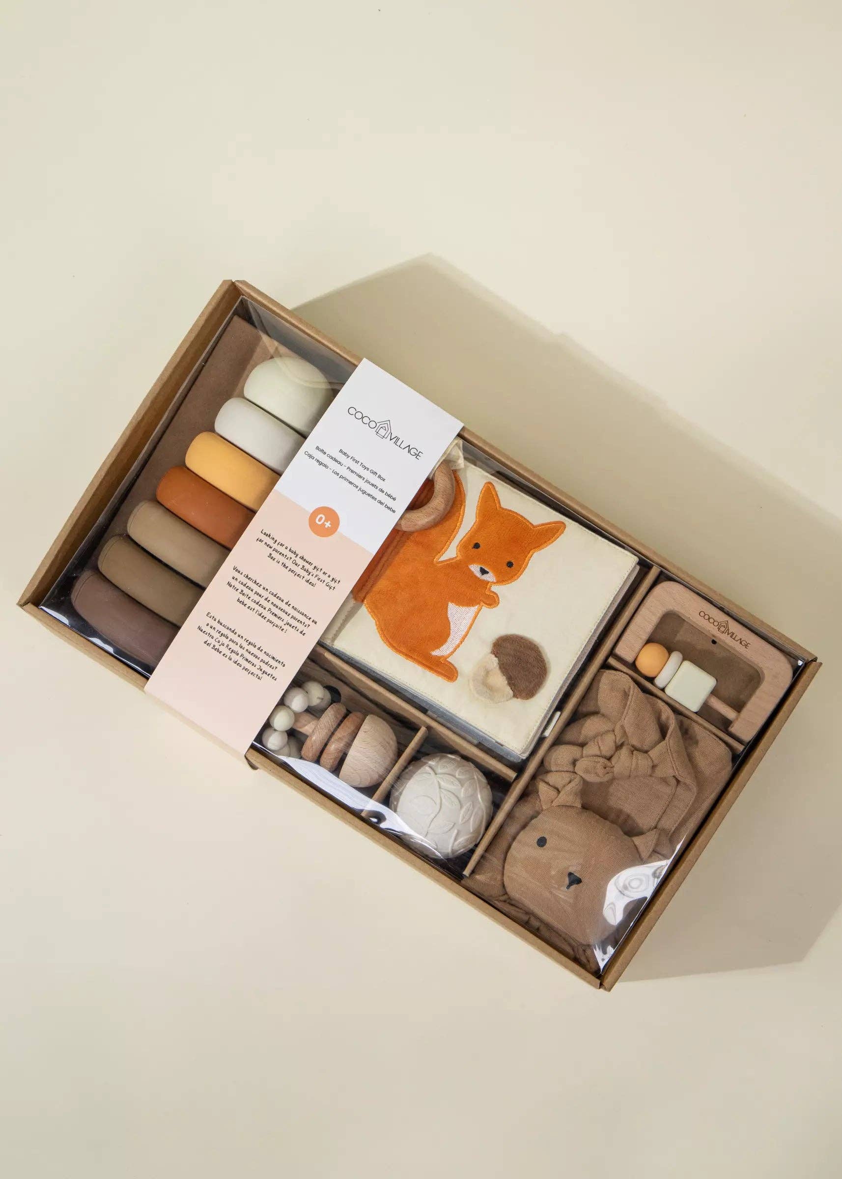 Baby First Toys Geschenkdoos | Met rammelaar, sensorisch boek en stapelspeelgoed